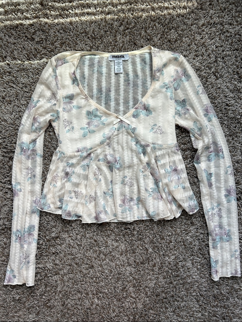 RSQ Cream Floral Sheer Long-Sleeve Peplum Top XS